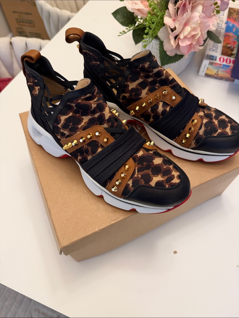 Christian Louboutin Leopard Gold Spike Sneakers EU 40